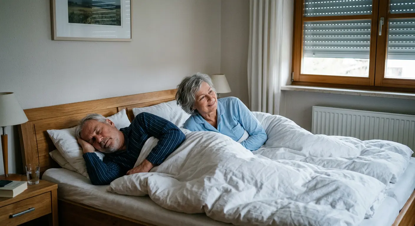 Älteres Ehepaar schläft erholt im kühlen Schlafzimmer trotz Sommerhitze